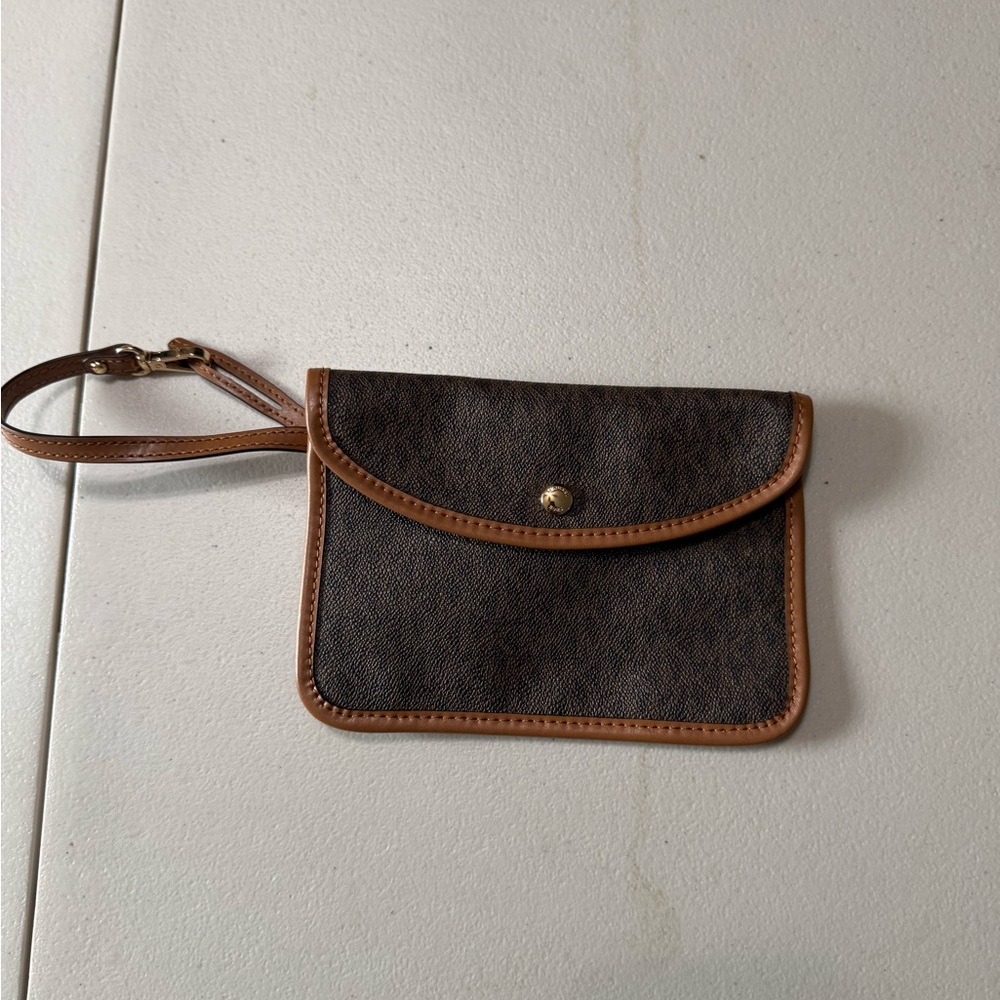 Michael Kors Brown Canvas Wristlet with Tan Trim and Strap - Picture 1 of 3